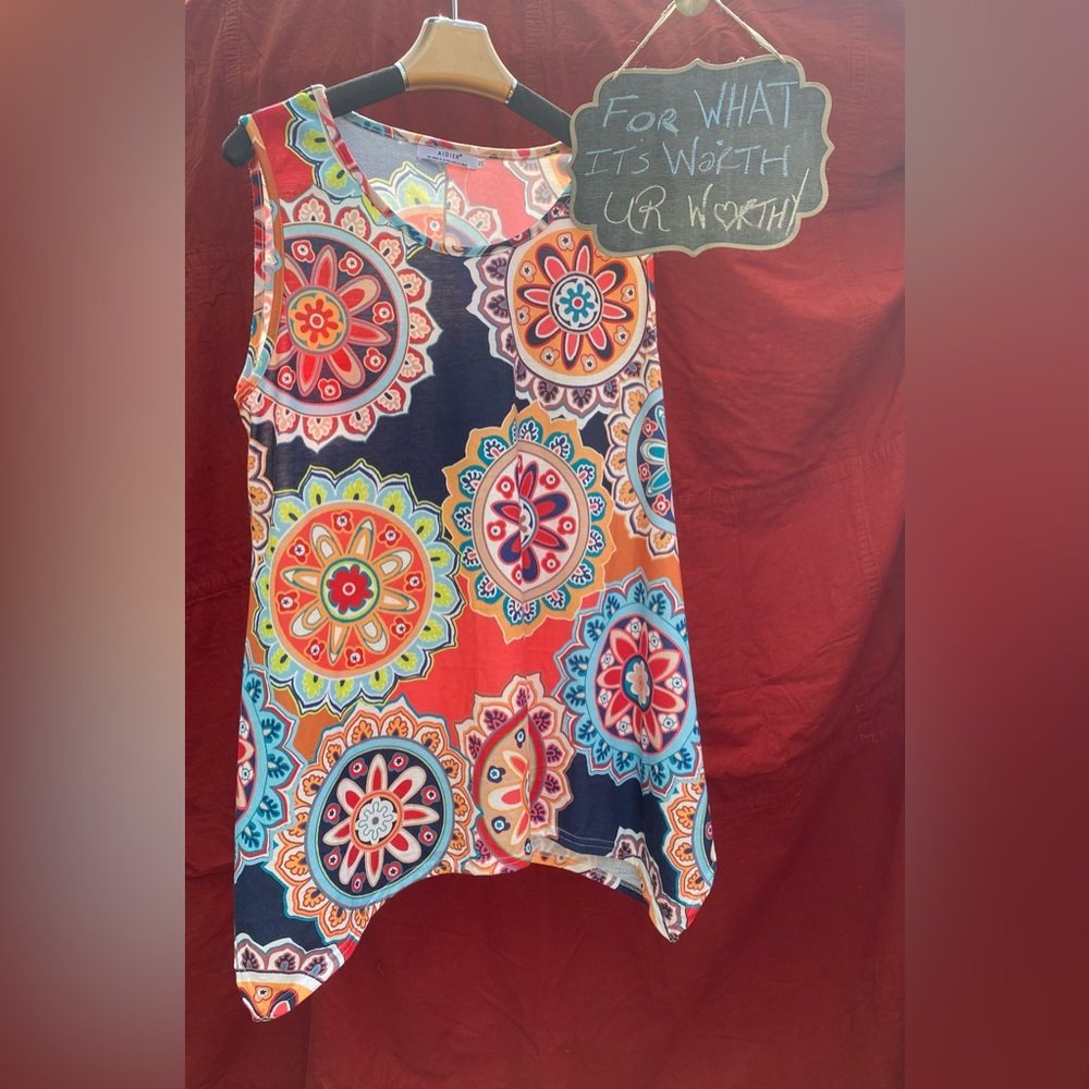 Aidier Mandala Print Jagged Hem Tank - Bohemian Asymmetrical Tunic - Size 2XL